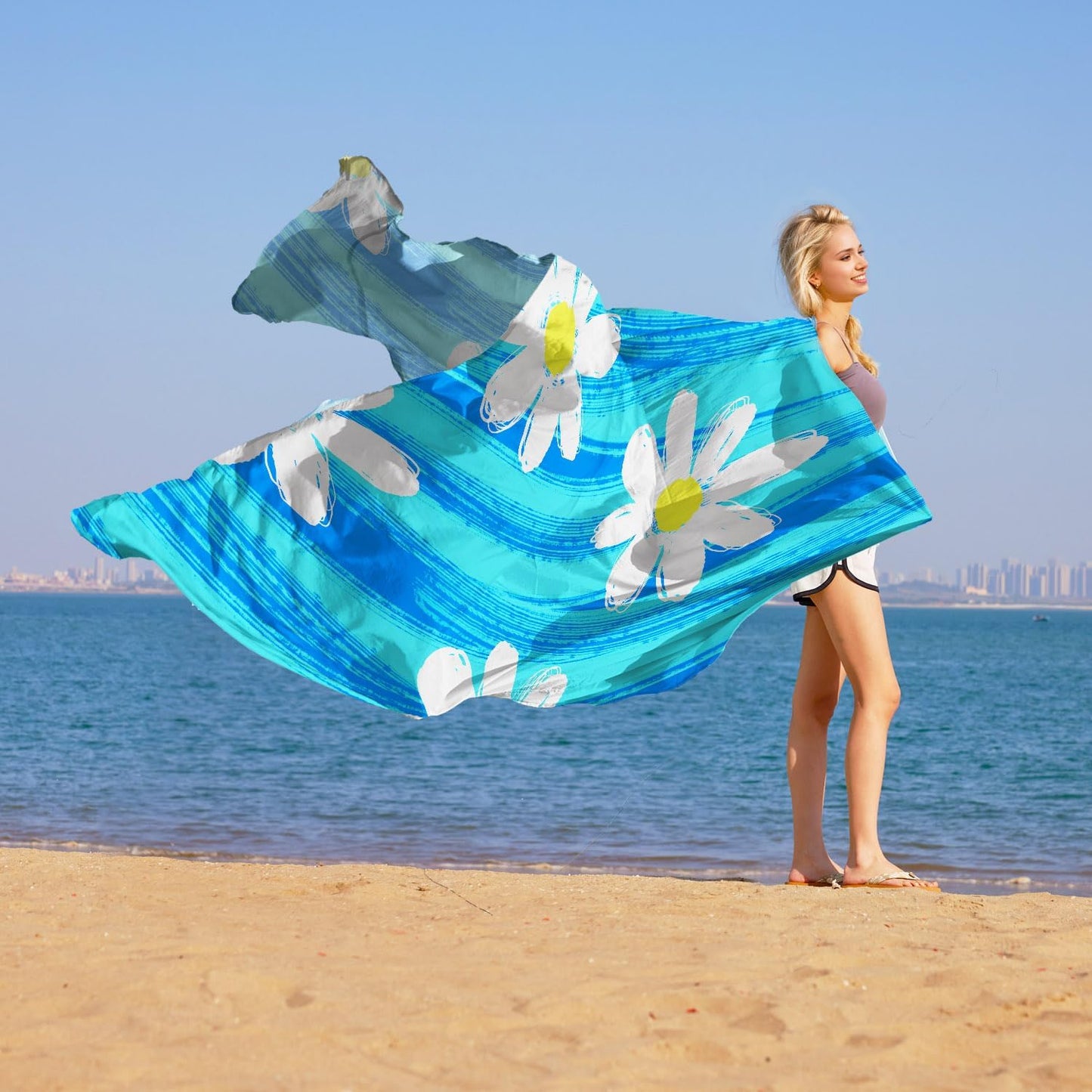 Daisy Beach Blanket Sandproof Waterproof Extra Large for 1-6 Adults Size 79"X79" with Ground Mails,Pouch Bag, anti Sand,Skin Friendly Machine Washable Outdoor Blanket