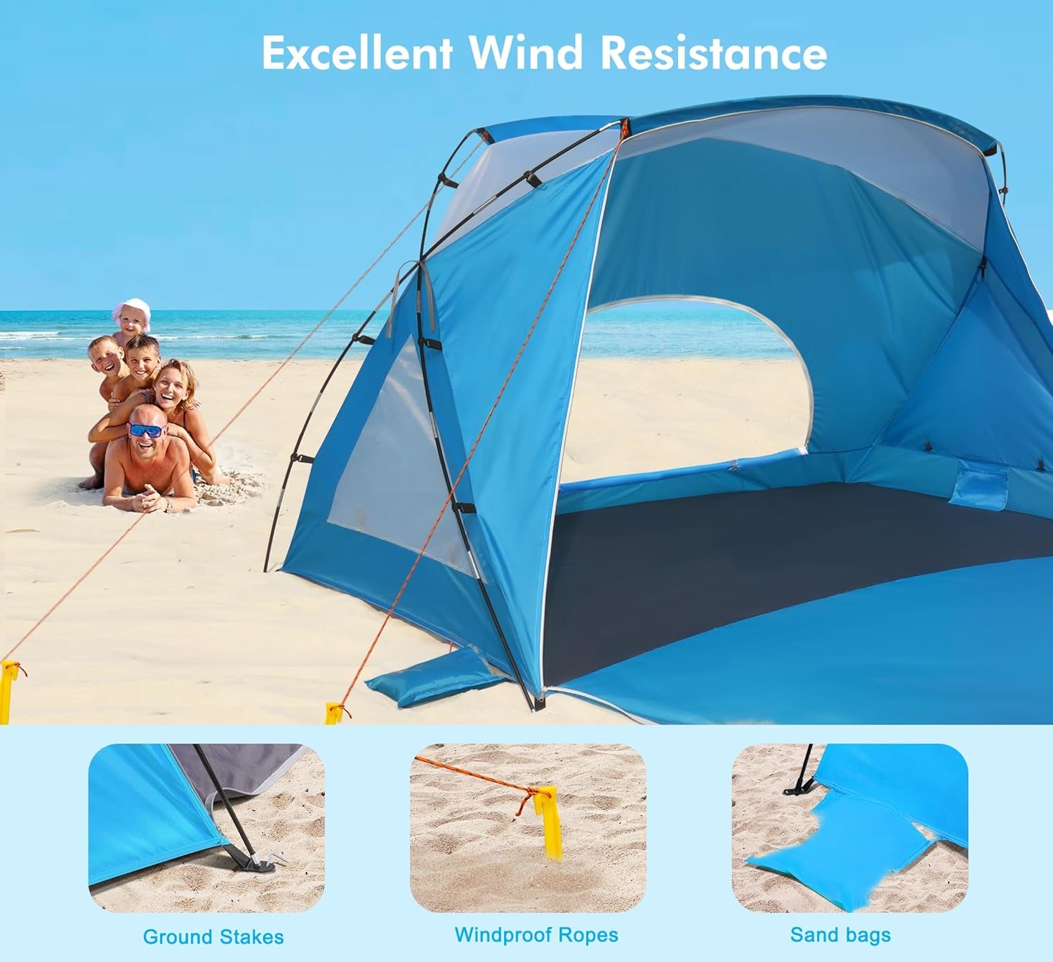 Beach Tent,Beach Canopy Shade Tent with UPF 50+UV Protection for 3-4 Person, Waterproof Portable Easy Setup Beach Sun Shelter Tent for Outdoor Adventures, Camping, and Picnics with Carrying Bag