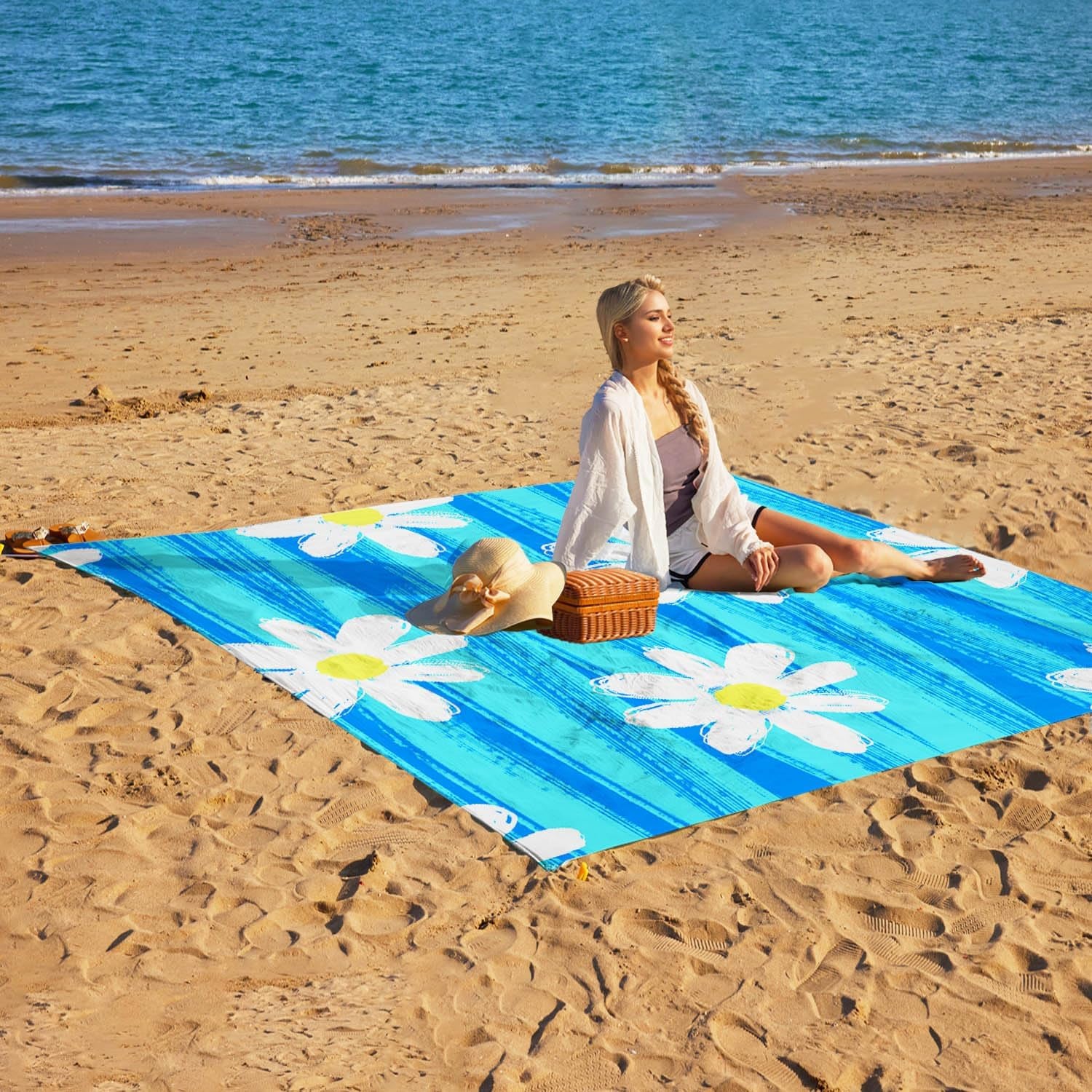 Daisy Beach Blanket Sandproof Waterproof Extra Large for 1-6 Adults Size 79"X79" with Ground Mails,Pouch Bag, anti Sand,Skin Friendly Machine Washable Outdoor Blanket