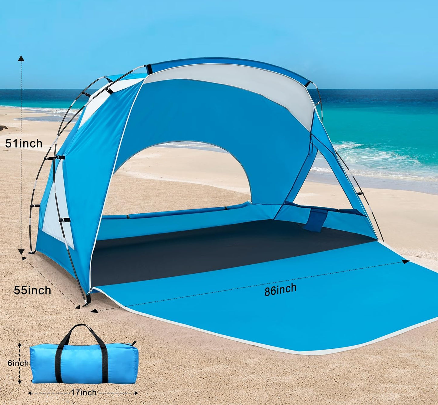 Beach Tent,Beach Canopy Shade Tent with UPF 50+UV Protection for 3-4 Person, Waterproof Portable Easy Setup Beach Sun Shelter Tent for Outdoor Adventures, Camping, and Picnics with Carrying Bag