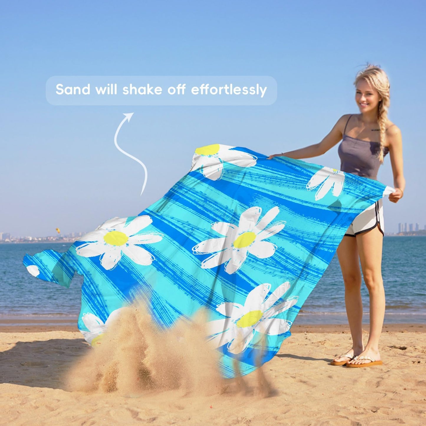 Daisy Beach Blanket Sandproof Waterproof Extra Large for 1-6 Adults Size 79"X79" with Ground Mails,Pouch Bag, anti Sand,Skin Friendly Machine Washable Outdoor Blanket