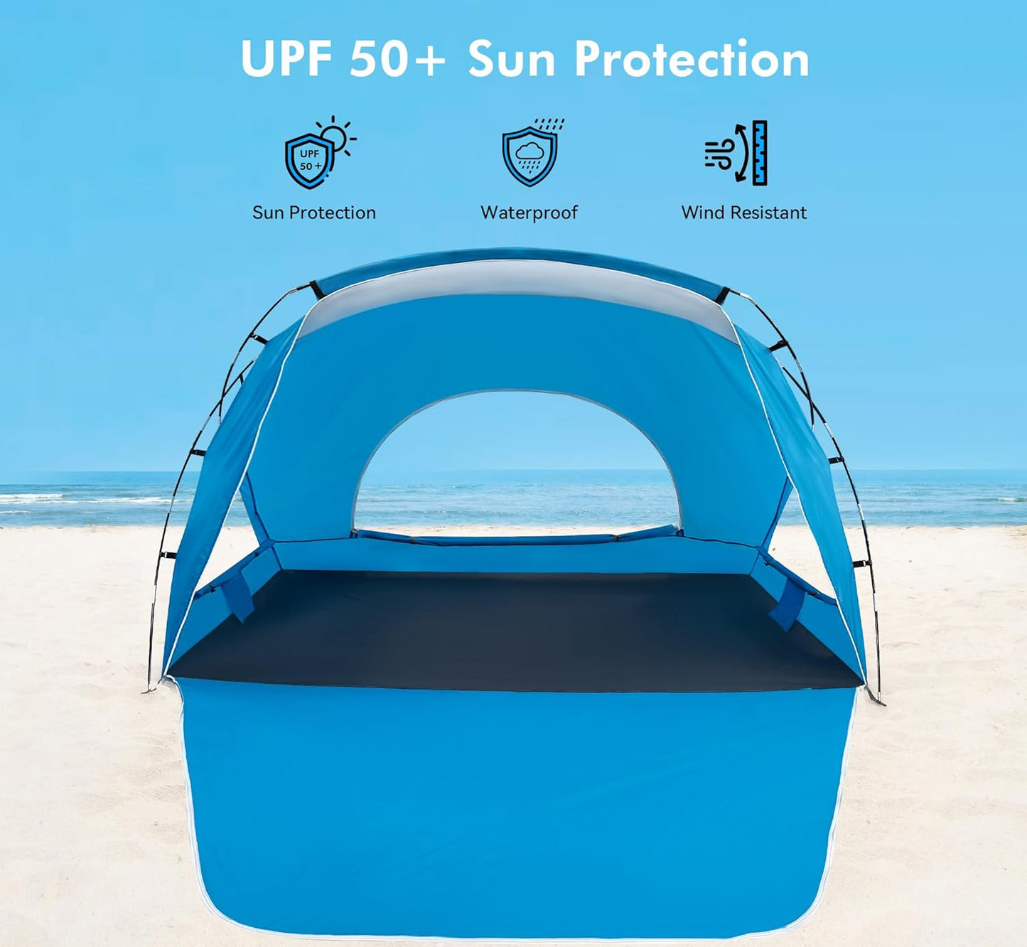 Beach Tent,Beach Canopy Shade Tent with UPF 50+UV Protection for 3-4 Person, Waterproof Portable Easy Setup Beach Sun Shelter Tent for Outdoor Adventures, Camping, and Picnics with Carrying Bag