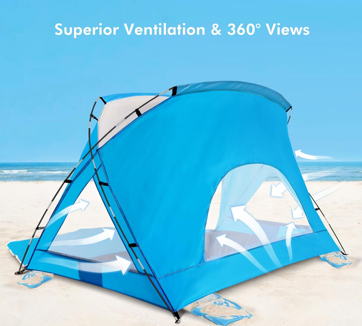 Beach Tent,Beach Canopy Shade Tent with UPF 50+UV Protection for 3-4 Person, Waterproof Portable Easy Setup Beach Sun Shelter Tent for Outdoor Adventures, Camping, and Picnics with Carrying Bag