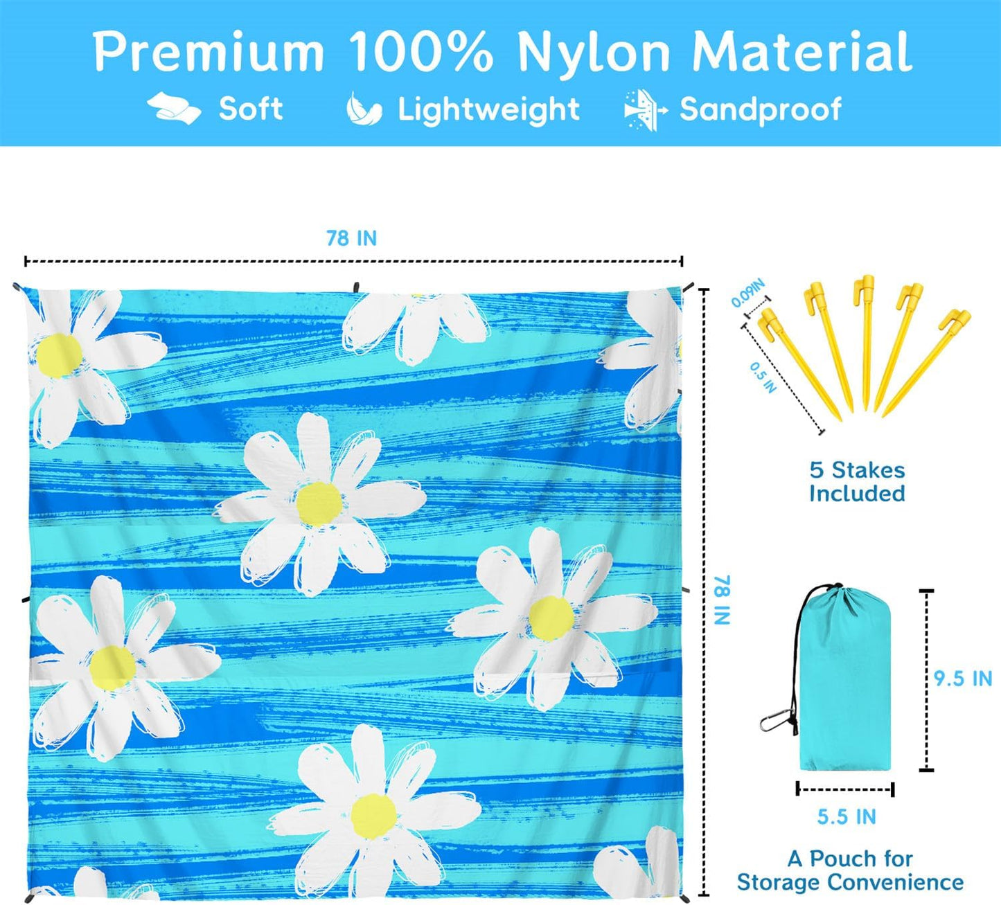 Daisy Beach Blanket Sandproof Waterproof Extra Large for 1-6 Adults Size 79"X79" with Ground Mails,Pouch Bag, anti Sand,Skin Friendly Machine Washable Outdoor Blanket